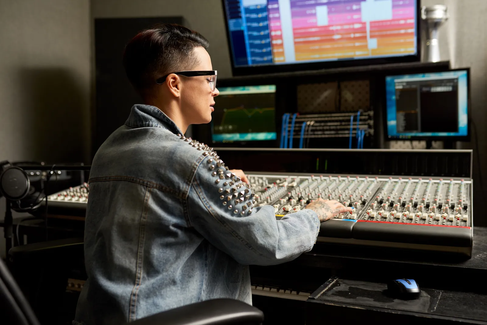Vintage analog mixing console in a professional recording studio