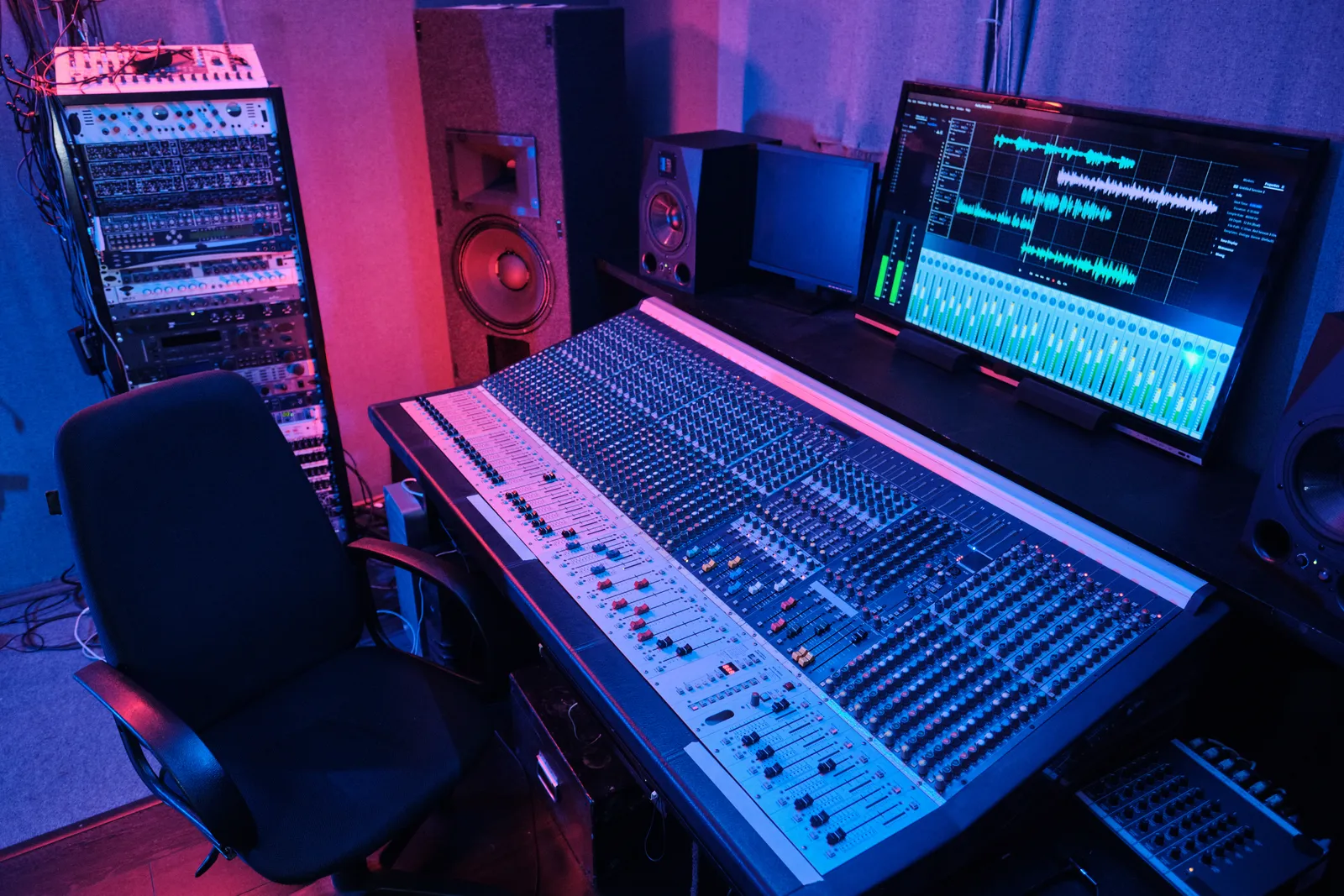 Professional studio mixing console with faders and DAW control surface