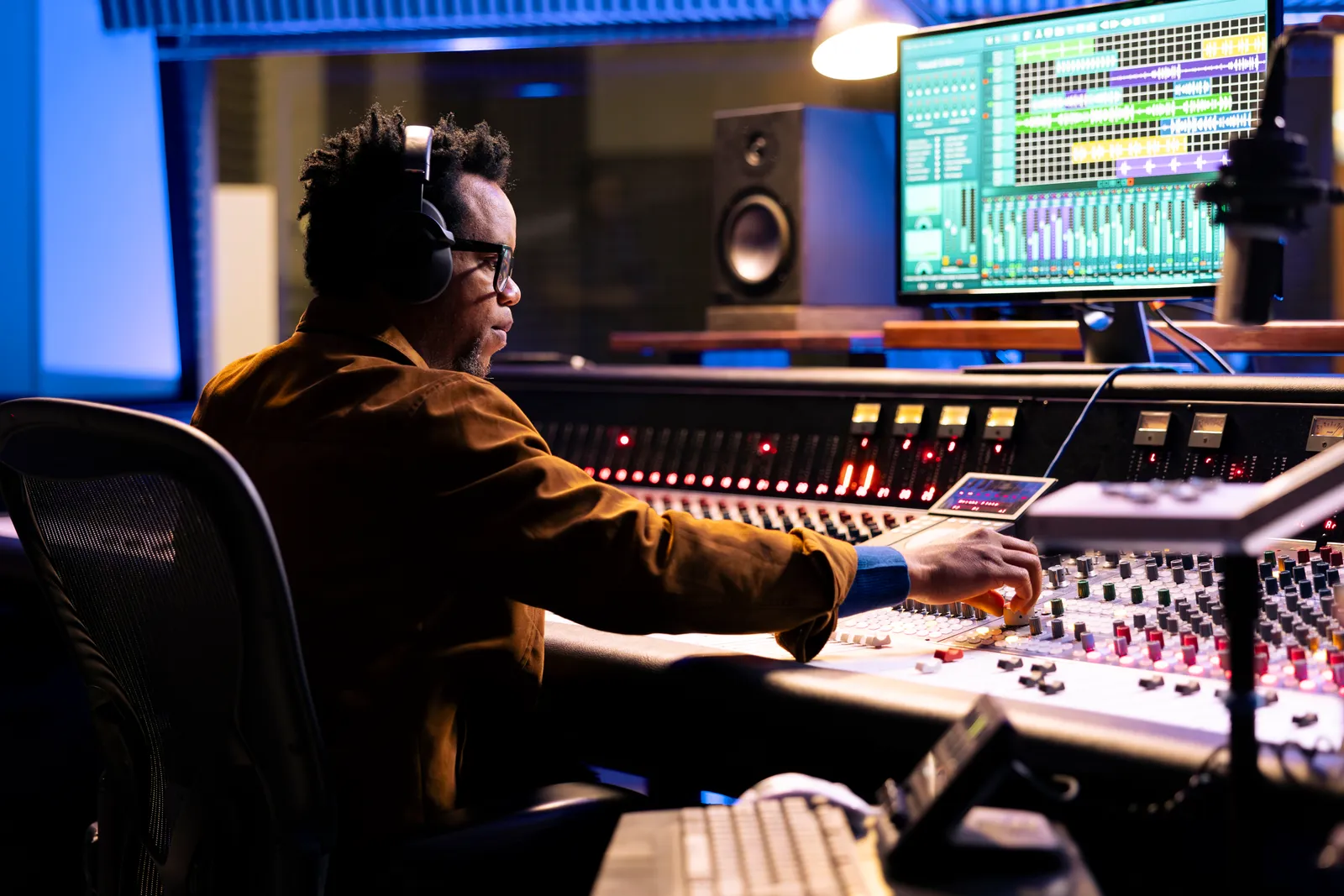Audio compressor controls in a professional recording studio for sidechain compression