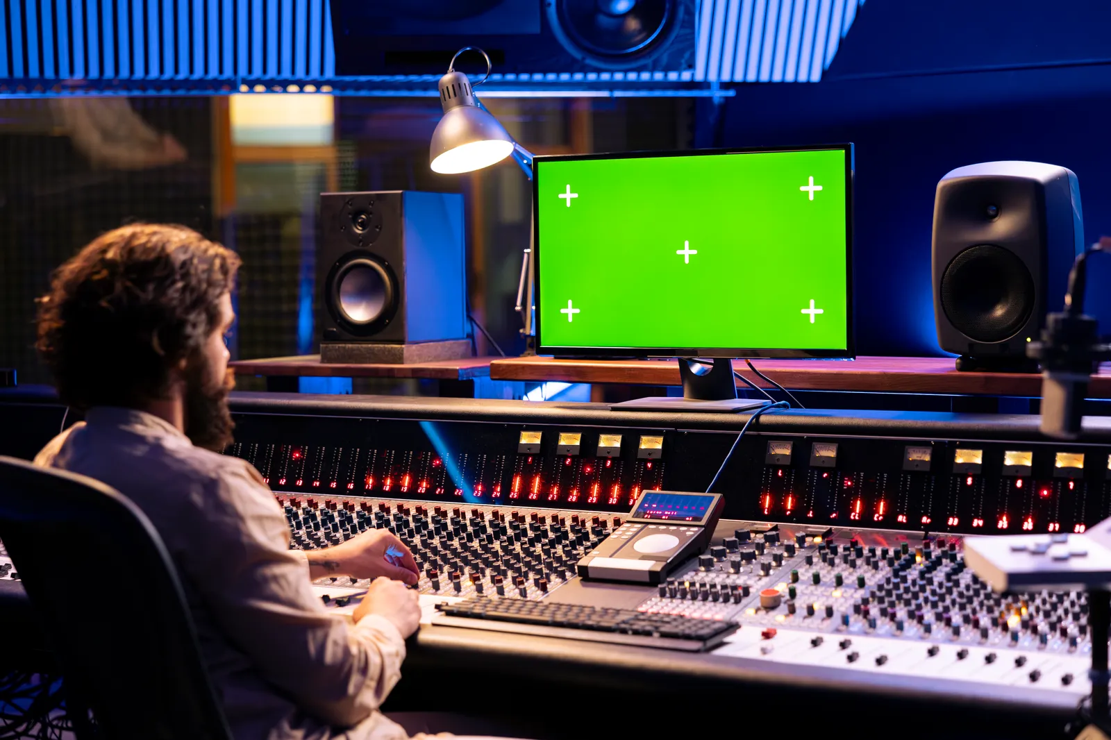 Touchscreen laptop for music production open on a studio desk beside an audio interface